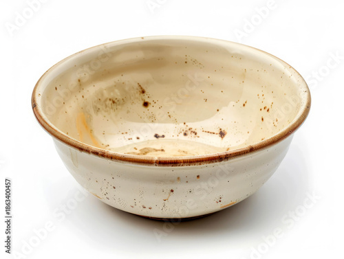 Empty dirty ceramic bowl isolated on white background