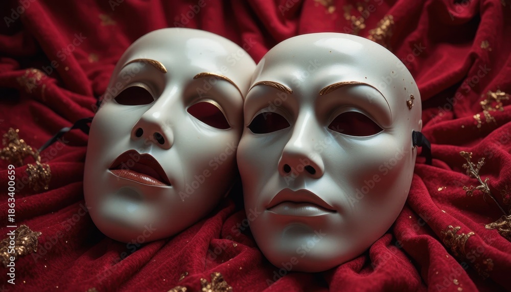 Obraz premium Masked Figures Rest on a Red Fabric With Golden Details in a Creative Art Display