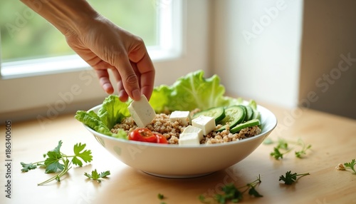 Hand adds cheese cubes to grain bowl with lettuce cucumber and tomato. Healthy plant based meal preparation, clean eating, balanced diet. Protein rich food choice. © Vadym