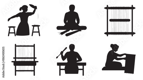 Traditional Weaving Process Silhouettes with Artisanal Style in Black and White Vector Illustration for Cultural Heritage Representation.