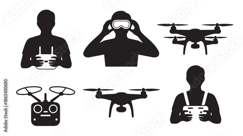 Drone Pilots and Quadcopters Modern Technology Illustration with Black Silhouettes on White Background as Clean Vector Icons for Drone Operation and Aviation Concepts