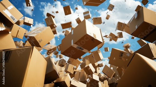 A chaotic scene of numerous cardboard boxes floating and falling against a blue sky