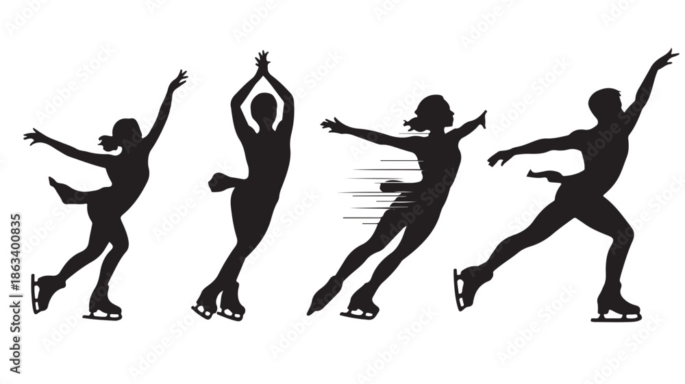 Fototapeta premium Figure Skaters Silhouettes Performing Dynamic Poses Isolated on White Vector Illustration