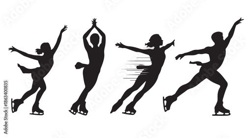 Figure Skaters Silhouettes Performing Dynamic Poses Isolated on White Vector Illustration