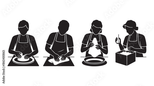 Pottery Artisans Shaping Clay Silhouettes Isolated on White