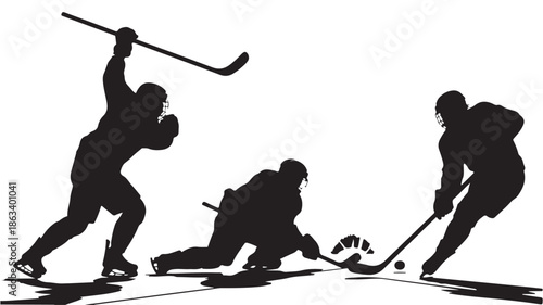Ice Hockey Players Shooting Puck and Goalie Blocking Action Silhouette Isolated on White