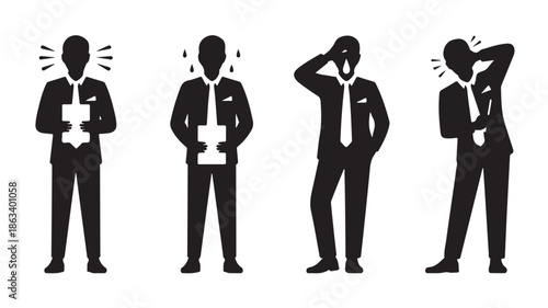 Stressed Businessmen Solving Problems with Puzzle Pieces Silhouette Icon Set