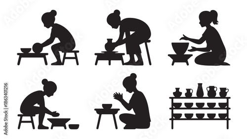 Artisan Pottery Making Process Silhouette Illustration in Black and White Graphic Style for Craft Workshop and Education.