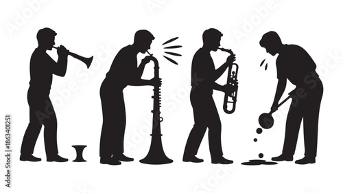 Musicians playing instruments melting into liquid, humorous conceptual black silhouette vector illustration for music industry design.