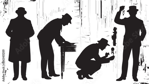 Detective silhouettes in mysterious noir style with high contrast black and white grungy vector illustration for crime investigation themes and retro design.