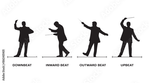 Orchestra Conductor Silhouettes Demonstrating Beat Patterns in an Educational Graphic Style with High Contrast Black and White for Music Instruction.