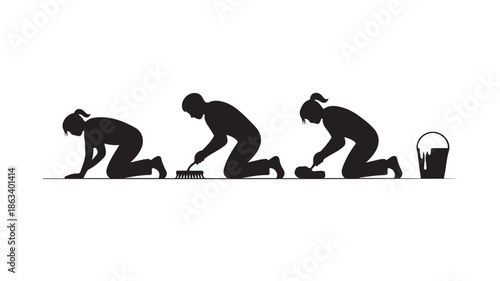 Woman scrubbing floor in sequential silhouette illustration with stark black and white contrast for cleaning process visualization.