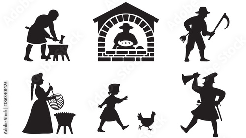 Historical Traditional Rural Life Silhouettes in Vintage Folk Art Style, Black and White Graphic Vector Icon Set for Historical Illustrations and Educational Resources.