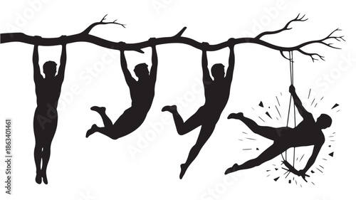 Human silhouette swinging from a tree branch in a dynamic progression style with high contrast black and white vector illustration for concepts of strength and evolution.