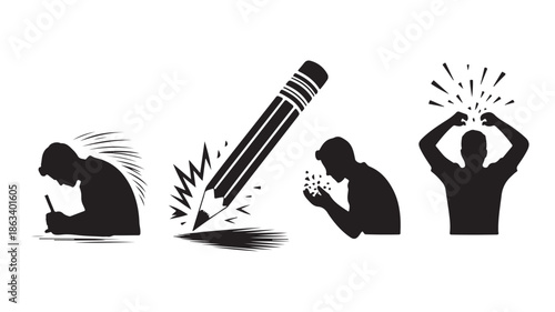 Frustrated people and broken pencil silhouettes in a stressful emotional black and white vector illustration for creative block and work pressure challenges.