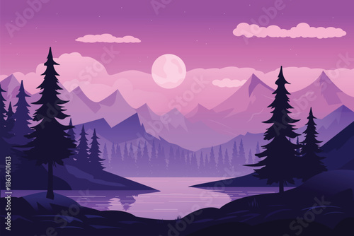 Dreamy mountain landscape background with moonlight in vector illustration style