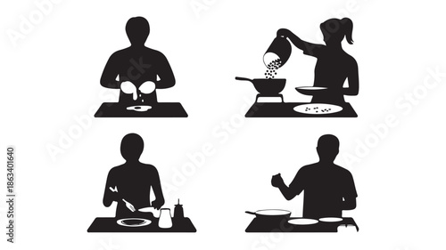 People cooking process silhouettes in a simple graphic black and white vector illustration for instructional design.