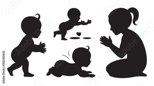 Baby development stages and child interaction in a simple black silhouette vector graphic for parenting and growth concepts.