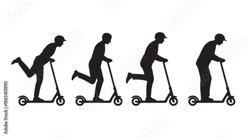 Silhouettes of people riding electric scooters in dynamic urban style with high contrast black and white vector illustration sequence for modern mobility graphics.
