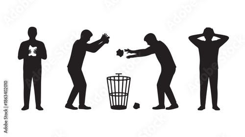 Human silhouettes discarding waste and experiencing stress, symbolic minimalist black and white vector graphic for environmental and social issues.