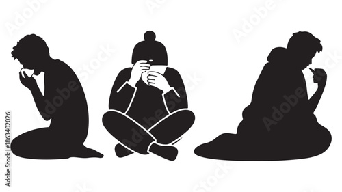 Silhouettes of people crying with a somber emotional mood in stark black and white vector illustration for mental health awareness.