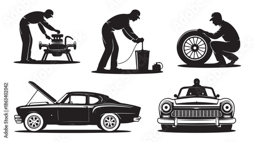 Car Mechanics and Classic Vehicles in Vintage Industrial Black and White Silhouette Vector Illustration Set for Automotive Repair and Service Branding.