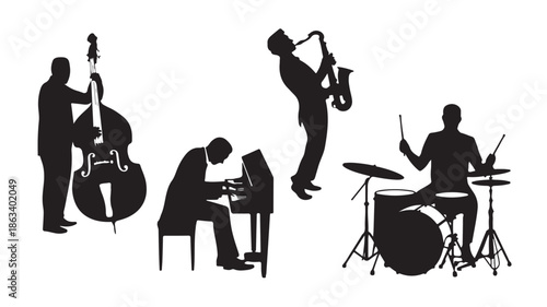Jazz Musicians Playing Instruments in Elegant Silhouette Style with High Contrast Black and White Vector Graphic for Music Event Design.