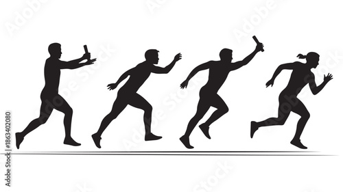 Relay race athletes passing baton in dynamic silhouette style on a clean white background for sports and business concepts.