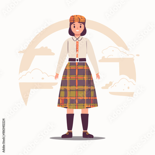 Woman in Traditional Scottish Attire with Plaid Skirt and Matching Hat.
