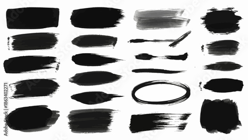 A collection of various black brush strokes on a white background for artistic and design purposes
