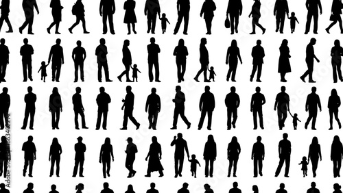 A large group of people silhouettes walking together in various directions on a white background