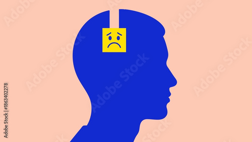 A blue silhouette of a person's head with a sad face in their brain