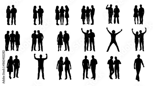 A collection of black silhouettes of people in various poses and groups on a white background
