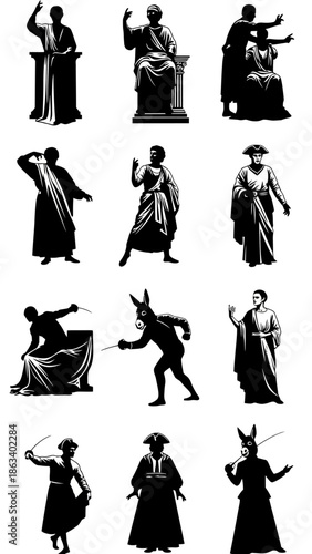 A collection of black silhouettes depicting various characters in different poses and attire on a white background