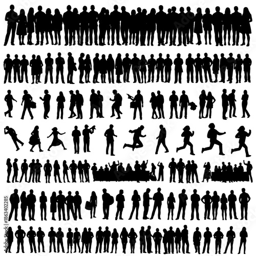 A large group of people silhouettes standing and walking in various poses on a white background