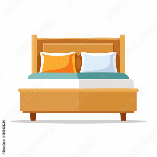 Wooden Bed with Pillows and Comfortable Bedding.