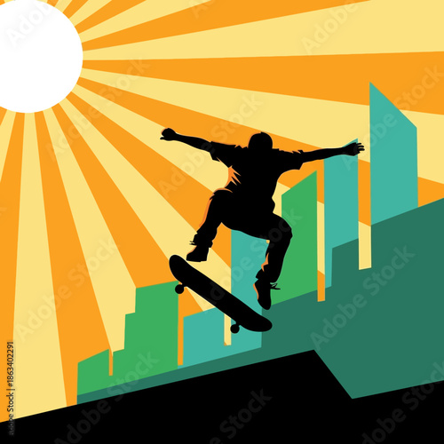 A skateboarder performs a trick in front of a vibrant city skyline at sunset