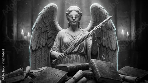 Blindfolded Stone Angel Holding Sword with Dripping Mercury 3D Render