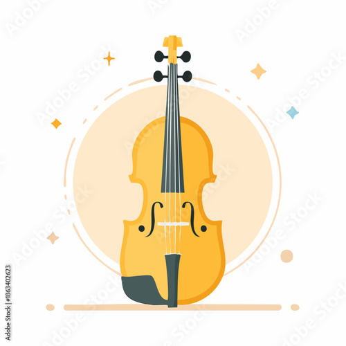 Yellow Violin Illustration with Black Strings and Details.