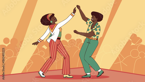 Vector image of an Afro couple dancing to soul music, wearing vibrant clothes, on a stage with warm lighting and a festive atmosphere.