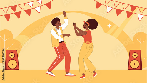Vector image of an Afro couple dancing to soul music, wearing vibrant clothes, on a stage with warm lighting and a festive atmosphere.