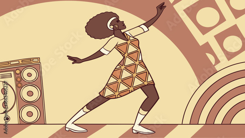 Vector image of a dancer with voluminous hair and a geometric 1960s dress, dynamic pose, stage background with retro patterns.