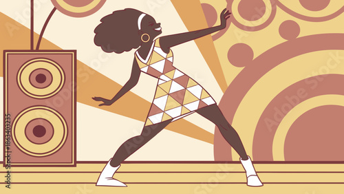 Vector image of a dancer with voluminous hair and a geometric 1960s dress, dynamic pose, stage background with retro patterns.