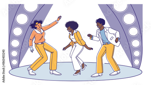 Vector image of a diverse group dancing soul music in sync, wearing vintage 1960s clothing, on a stage with circular lights, in a modern flat style.