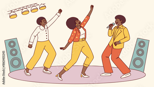 Vector image of a diverse group dancing soul music in sync, wearing vintage 1960s clothing, on a stage with circular lights, in a modern flat style.