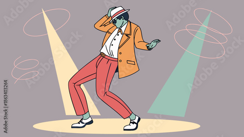 Vector image of a man in a retro slim suit and classic shoes dancing soul music, confident pose, on a stage with colorful spotlights.