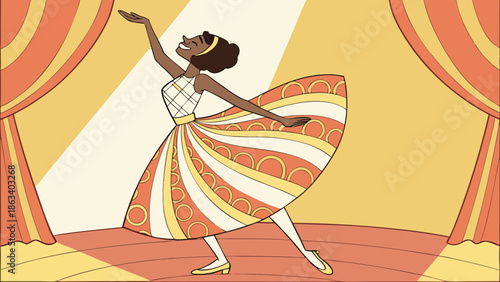 Vector image of a woman in a 1960s-style flared dress dancing alone, exaggerated movement of the fabric, illuminated stage, warm colors.
