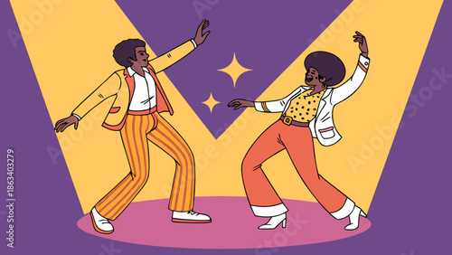 Vector image of a couple dancing soul music on a retro stage, wearing colorful 60s-style clothing, fluid poses, stylized stage lights, and a vibrant background.