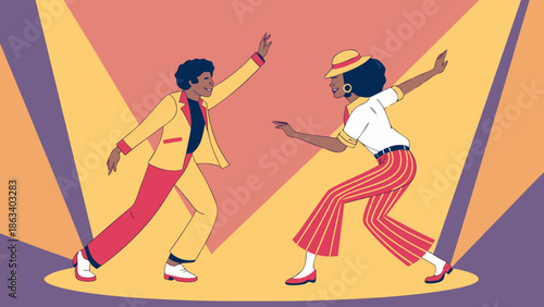 Vector image of a couple dancing soul music on a retro stage, wearing colorful 60s-style clothing, fluid poses, stylized stage lights, and a vibrant background.