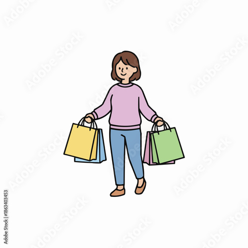 Shopping Spree: A woman walking joyfully, carrying colorful shopping bags, highlighting a day of retail therapy. 